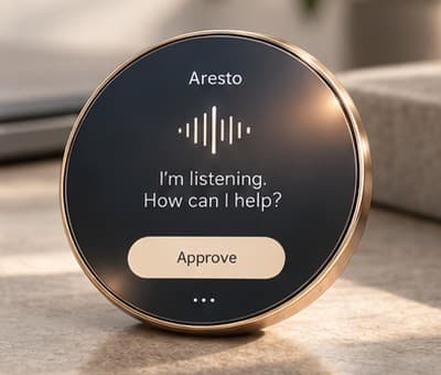 The Aresto AI Wallet standing on a desk, saying I'm listening, how can I help?