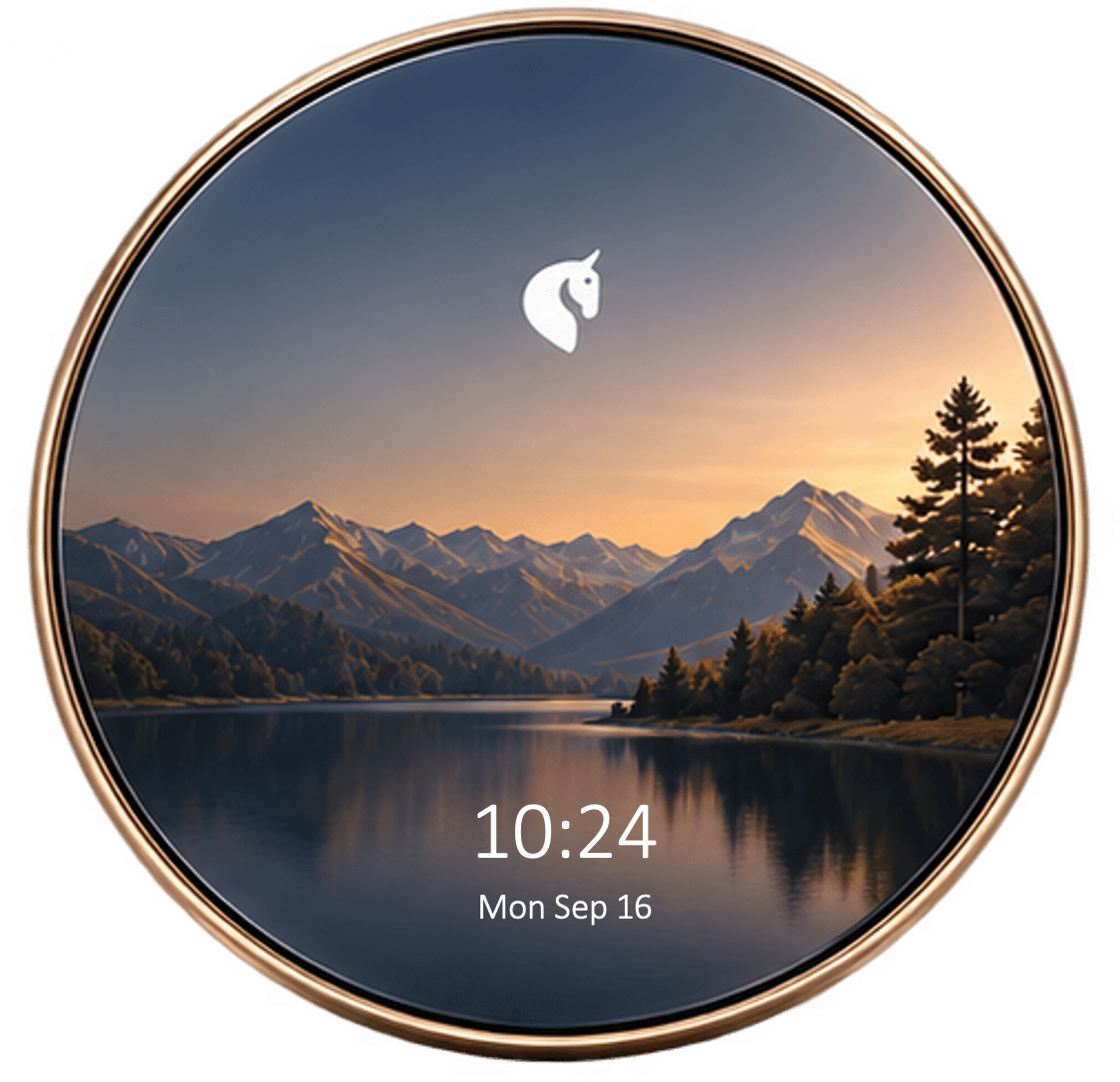 The Aresto AI Wallet: a 4-inch round display in a gold rim, showing the time over a mountain lake at dawn